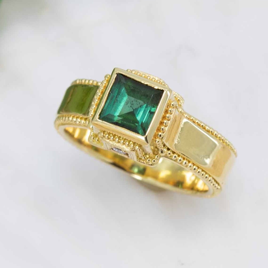 Square Green Tourmaline & Diamond Classical Ring