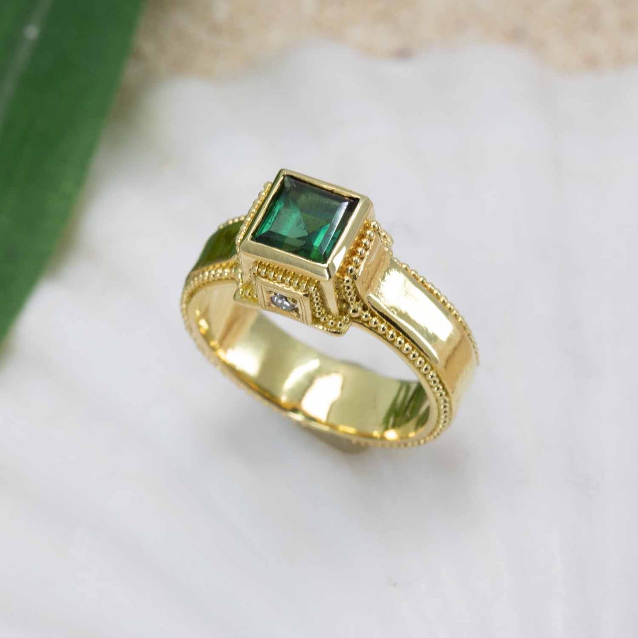 Square Green Tourmaline & Diamond Classical Ring