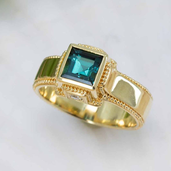 Square Teal Tourmaline & Diamond Classical Ring