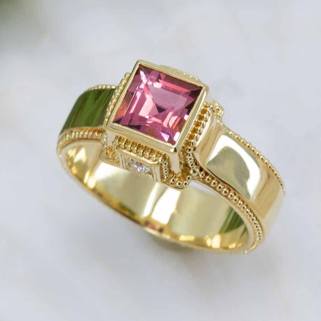 Square Pink Tourmaline & Diamond Classical Ring