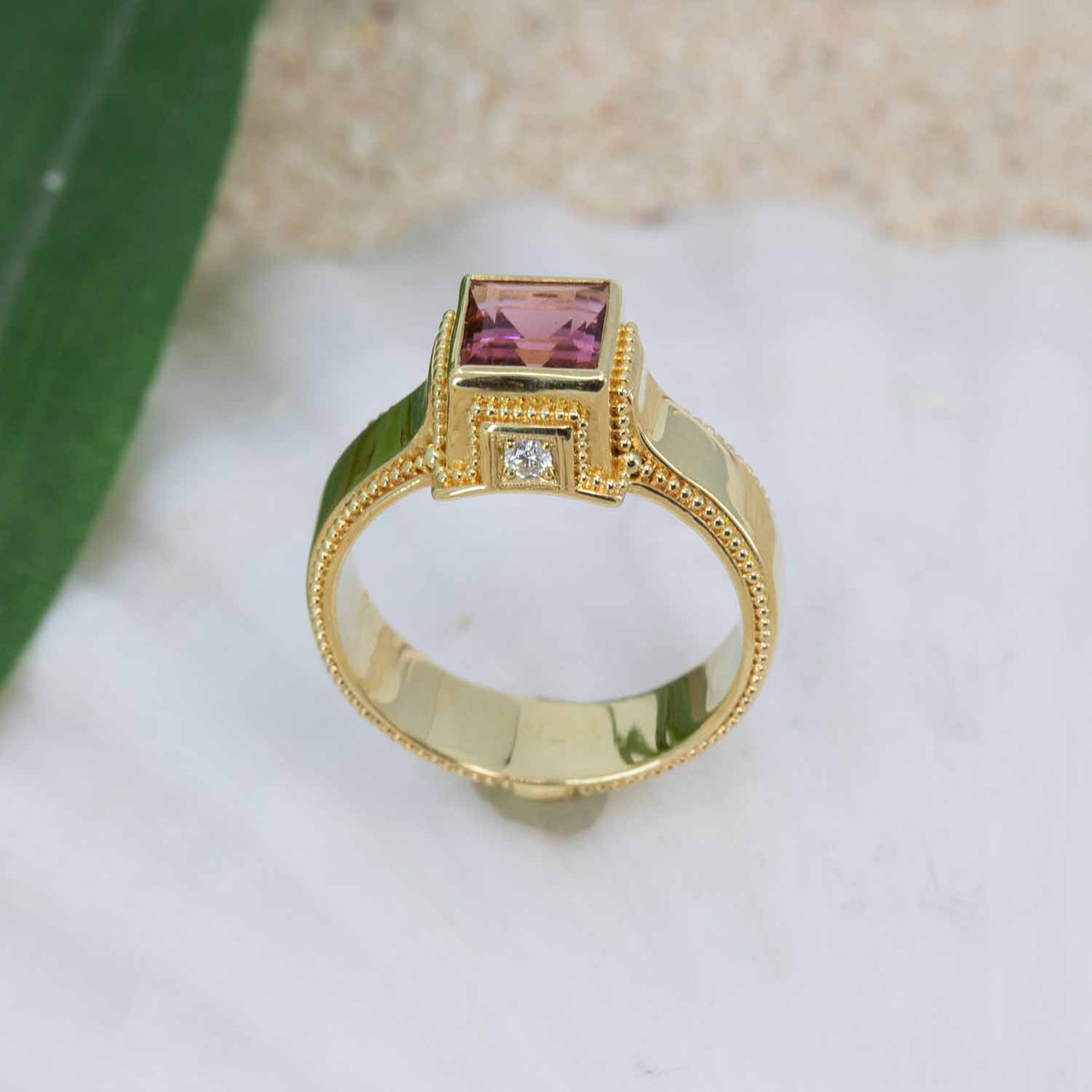 Square Pink Tourmaline & Diamond Classical Ring