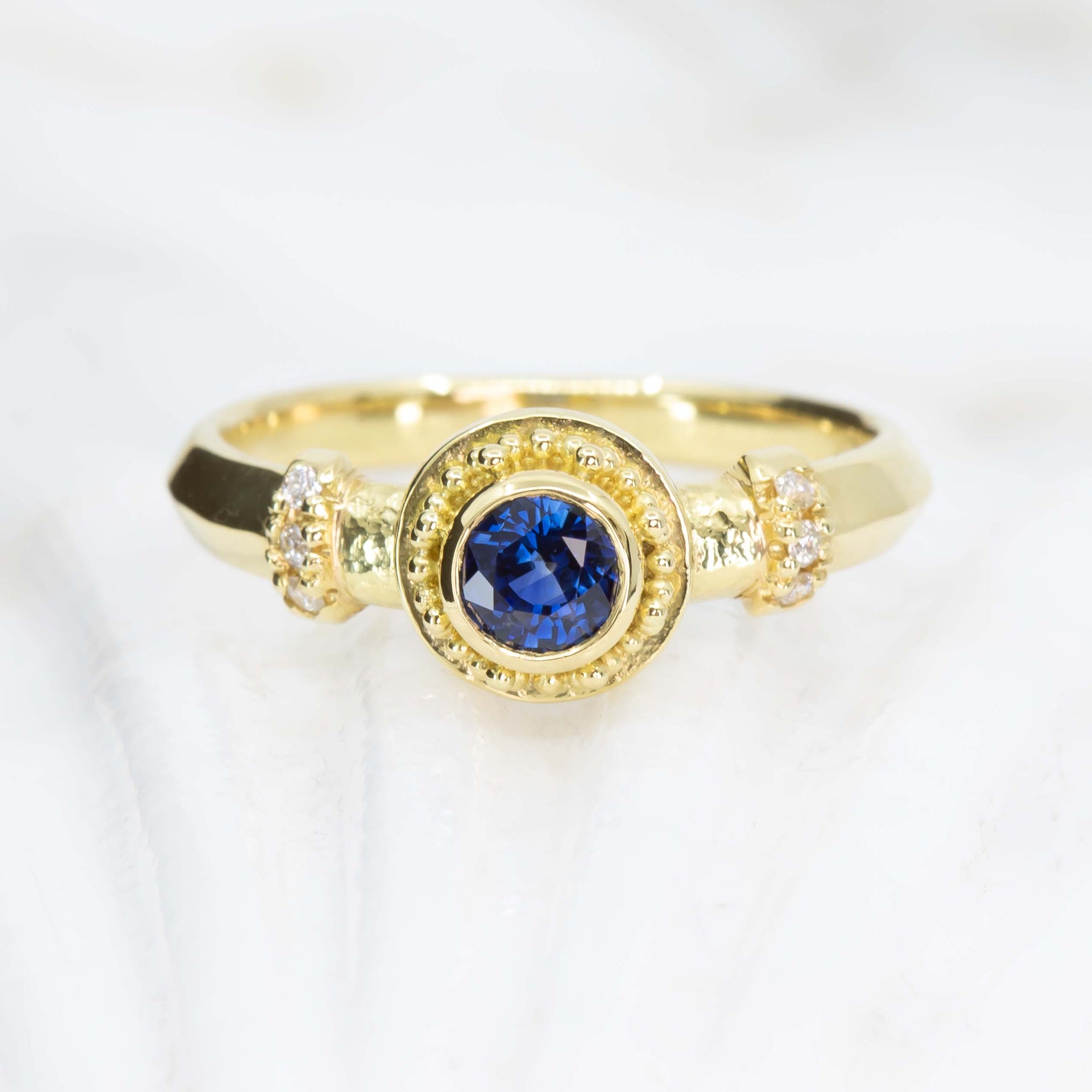 Sapphire & Diamond Granulated Gold Ring