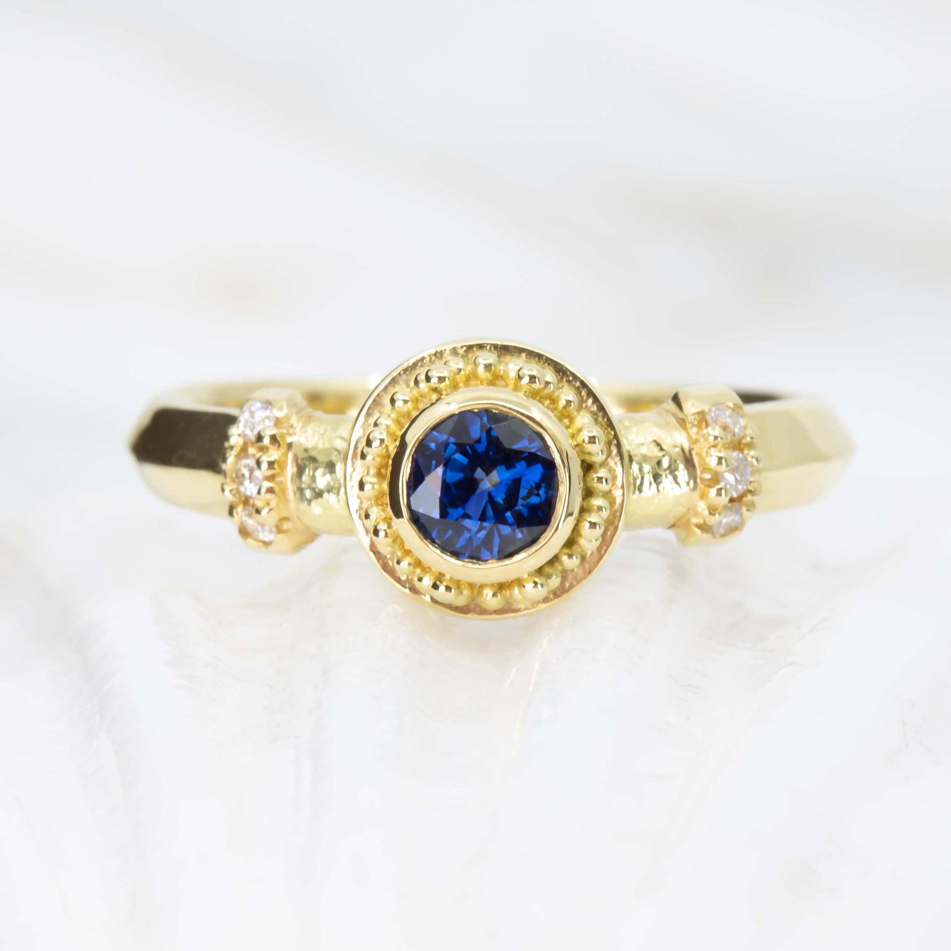 Sapphire & Diamond Granulated Gold Ring