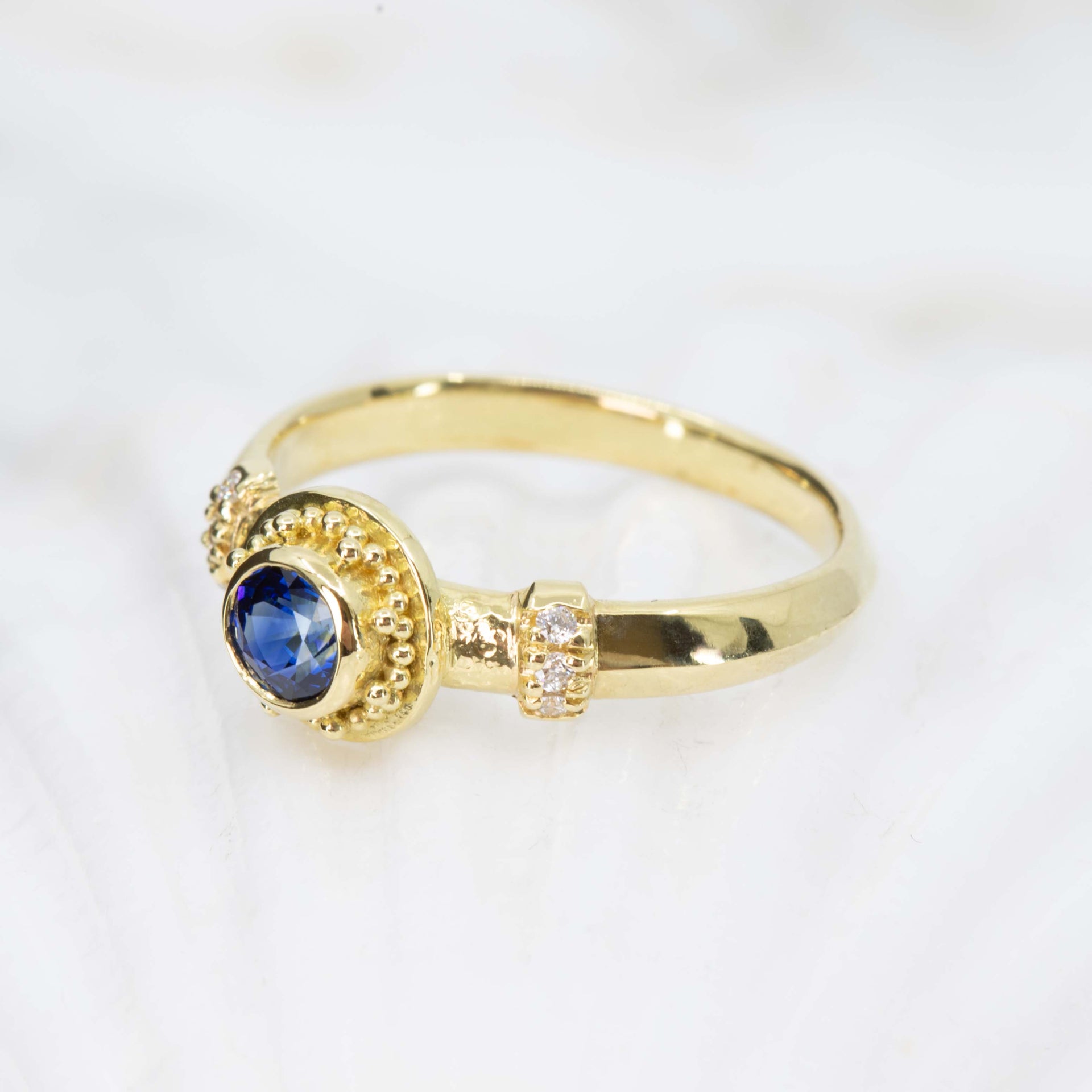 Sapphire & Diamond Granulated Gold Ring