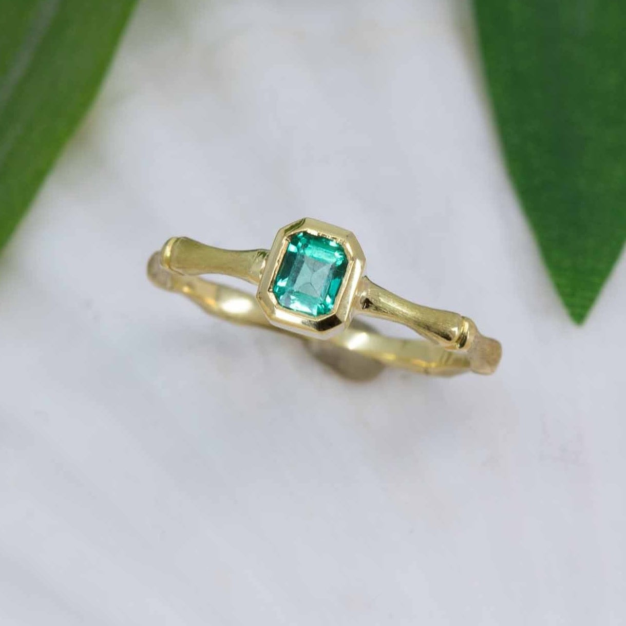 Emerald Bamboo Jewel Ring in 18K Treasure Gold