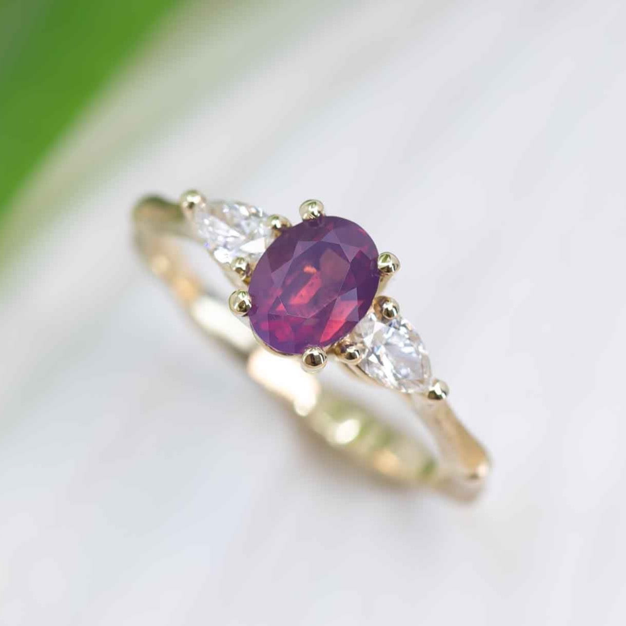 Opalescent pink sapphire bamboo ring