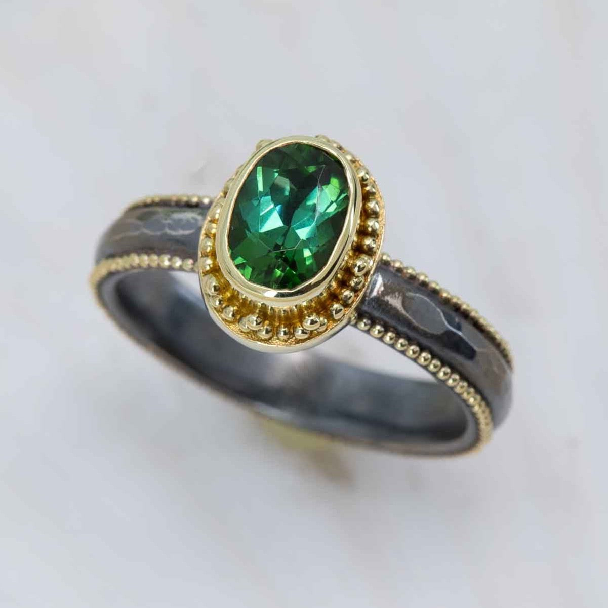 Bluish-Green Tourmaline Granulated Marianas Ring