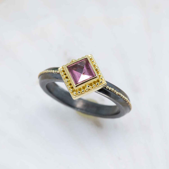 Modern-Cut Pink Tourmaline Granulated Marianas Ring