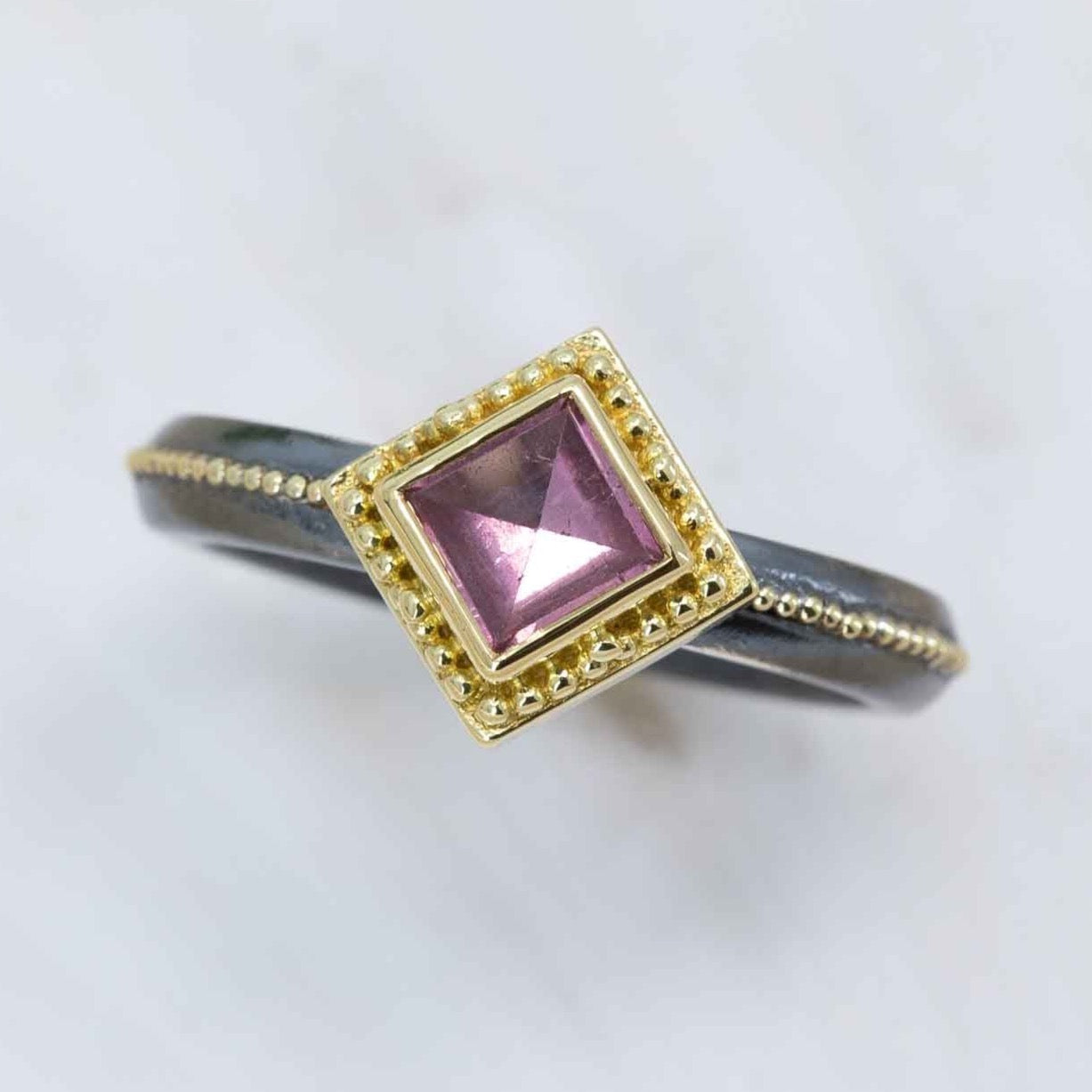 Modern-Cut Pink Tourmaline Granulated Marianas Ring