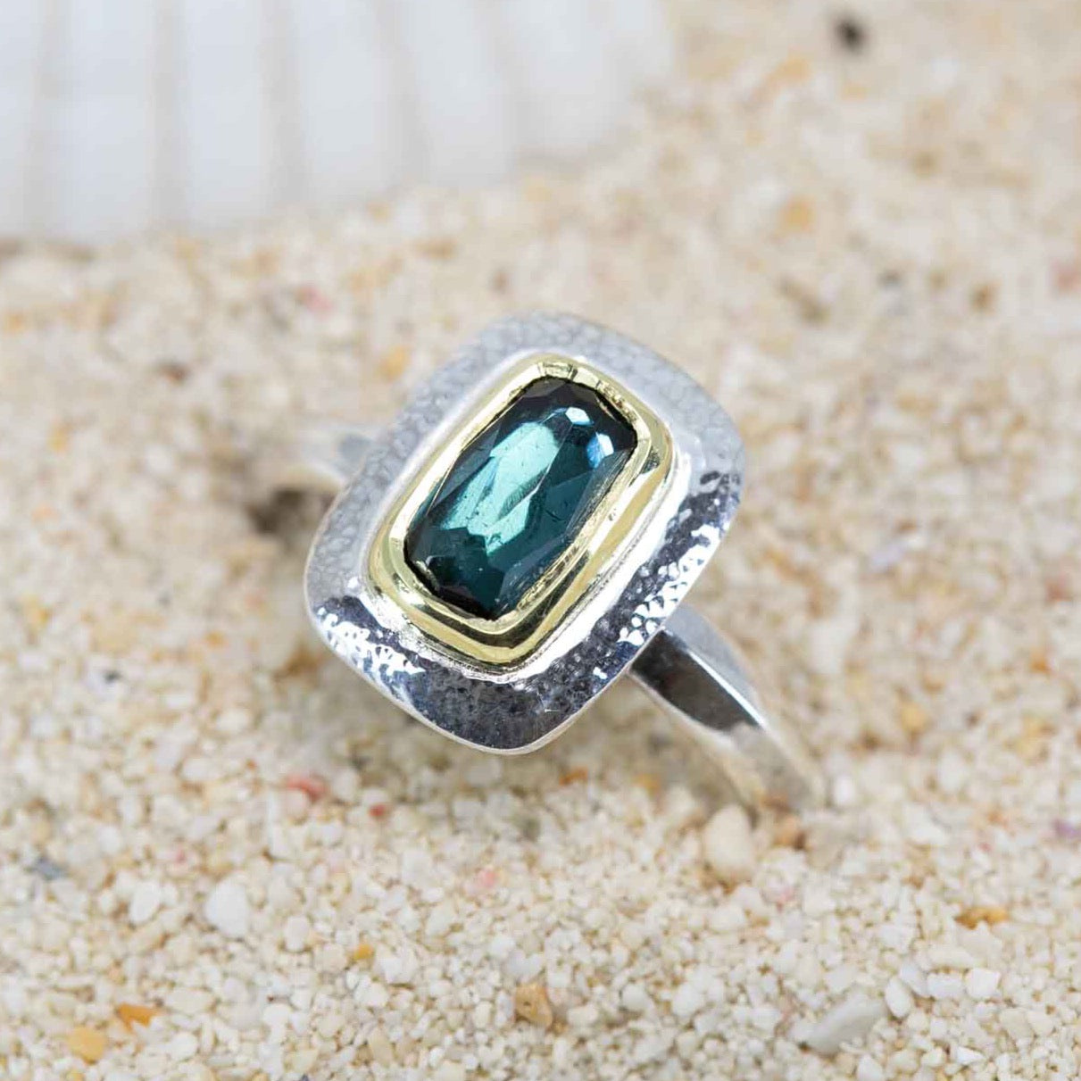 Blue-green tourmaline ring made from shipwreck treasure