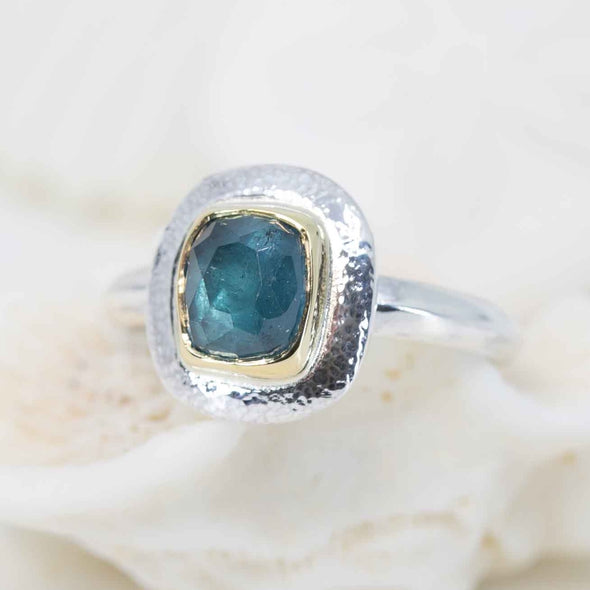 Ocean Blue tourmaline ring made with shipwreck treasure