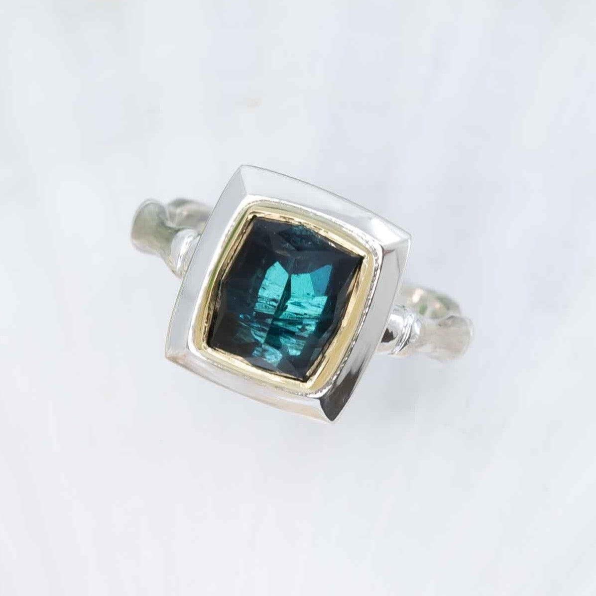 Lagoon Blue tourmaline bamboo ring made with shipwreck treasure