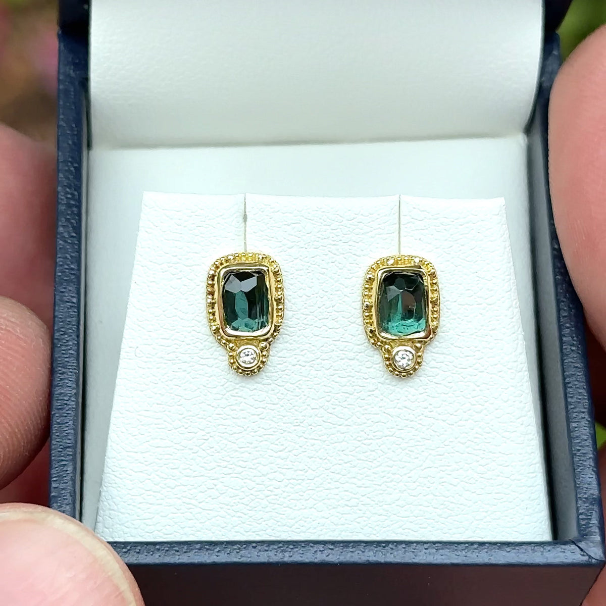 Sea-Green Tourmaline Earrings with diamonds in granulated 18K Treasure Gold