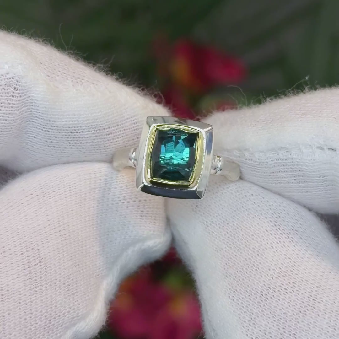 Lagoon Blue tourmaline bamboo ring made with shipwreck treasure