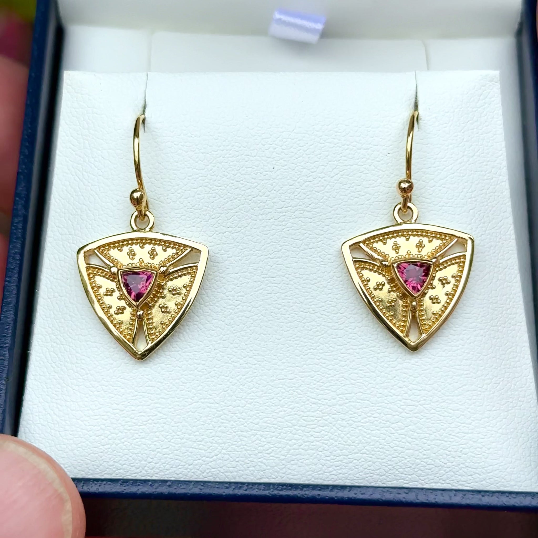 Pink Tourmaline Trinity Earrings in 18K with gold granulation