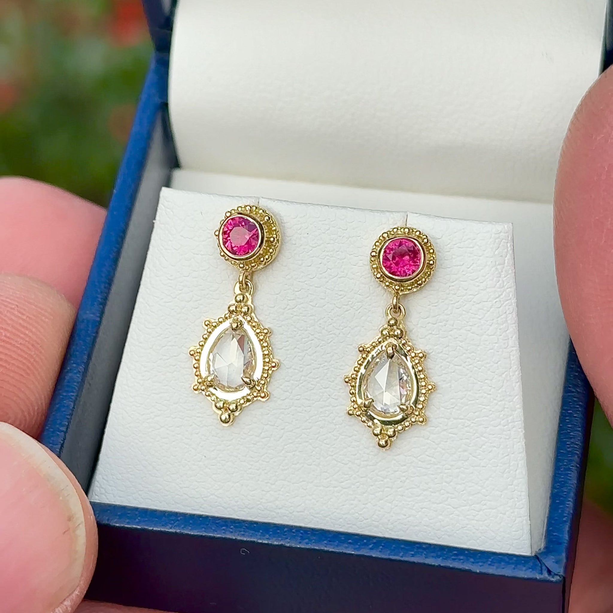 Ruby and diamond earrings in granulated 18K Treasure Gold made with shipwreck treasure