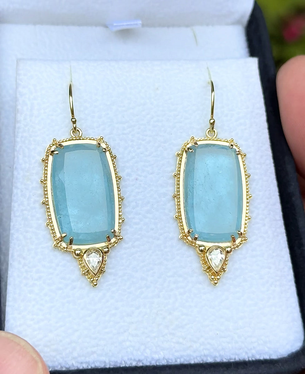 Aquamarine slice earrings with diamonds set in granulated 18K Treasure Gold