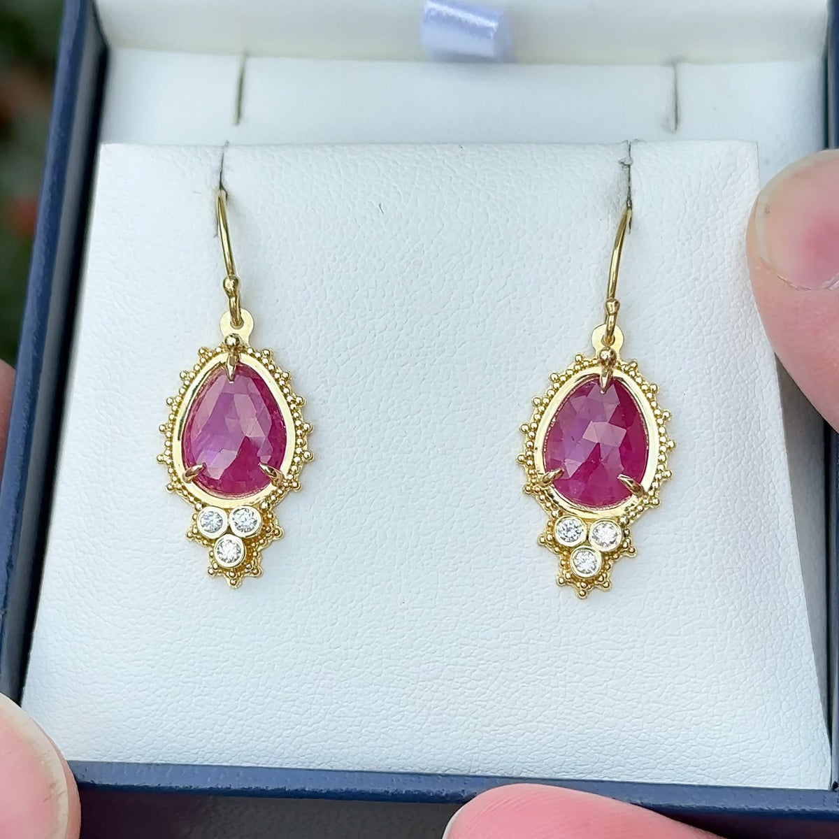 Ruby and diamond earrings in granulated 18K Treasure Gold made with shipwreck treasure