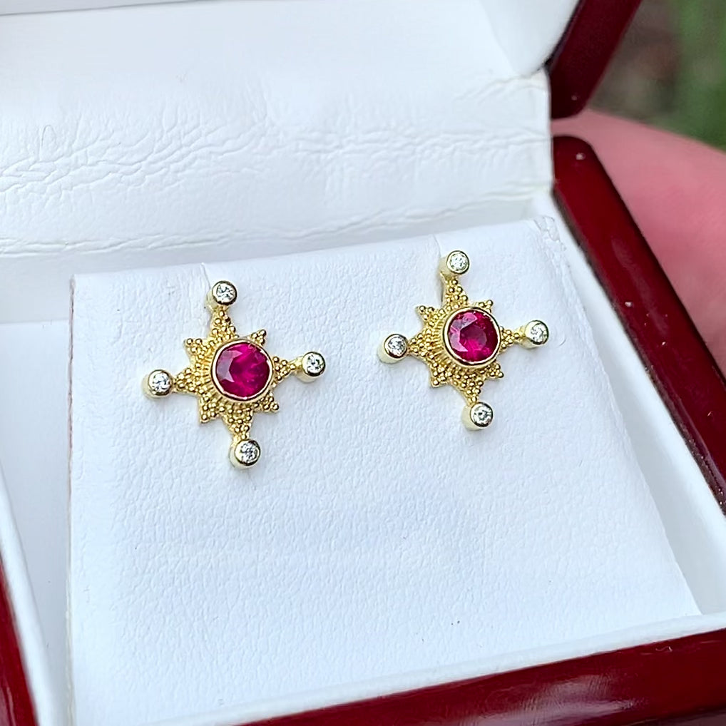 Ruby & Diamond Compass Rose earrings in granulated 18K gold