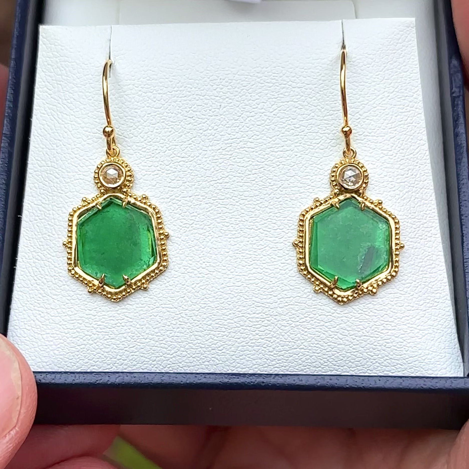 Emerald Crystal Slice earrings in granulated 18K Treasure Gold with rose-cut diamonds