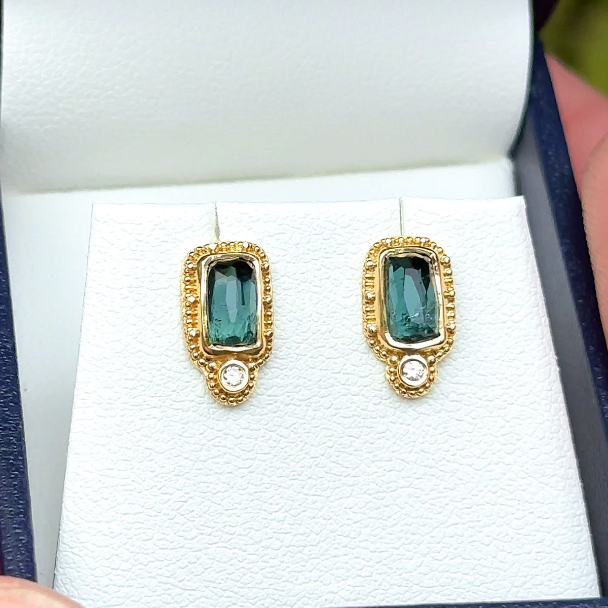 Sea-Green Tourmaline Earrings with diamonds in granulated 18K Treasure Gold