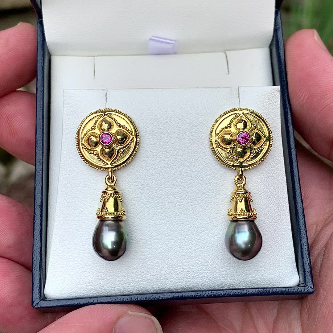 Garnet & Black Pearl Earrings in 18K granulated gold