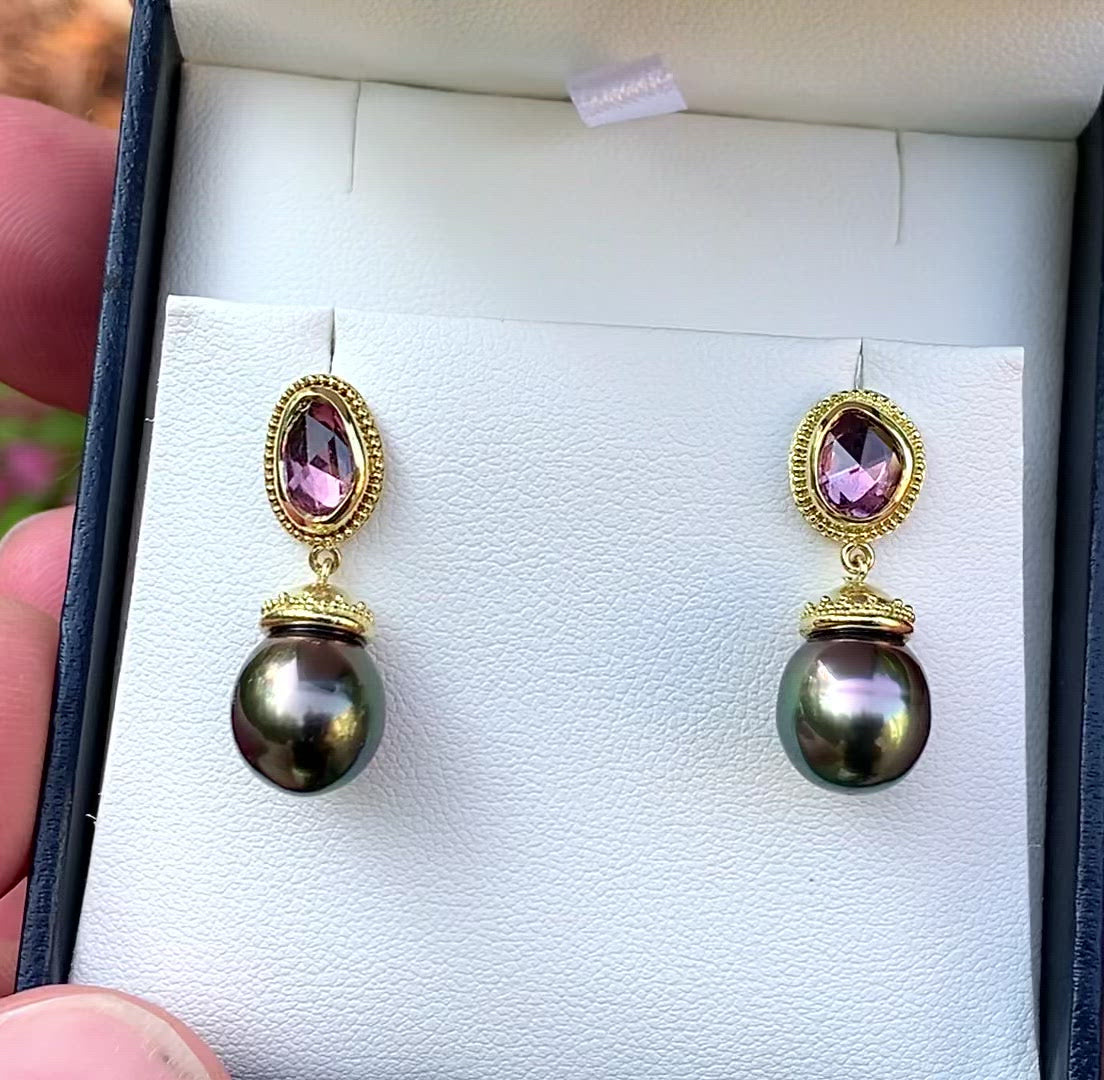 Pink Sapphire & Tahitian Black Pearl Earrings