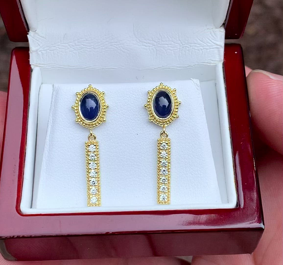 Sapphire cab and diamond earrings in granulated 18K Treasure Gold