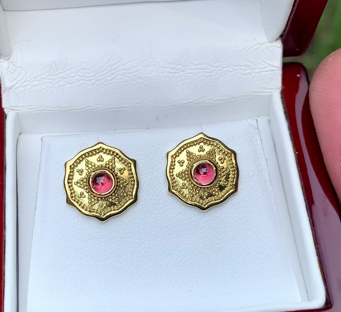 Garnet shield earrings in 18K granulated gold