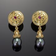 Ruby and Tahitian Black Pearl earrings in granulated 18K gold