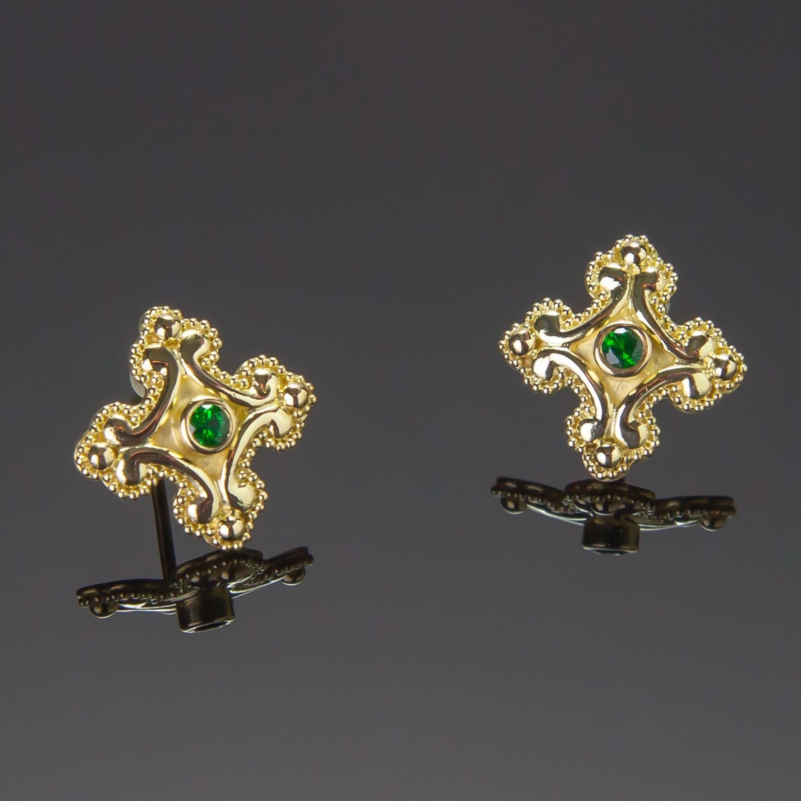 Tsavorite garnet earring studs in granulated 18K