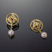 Ruby and pearl earrings in granulated 18K gold