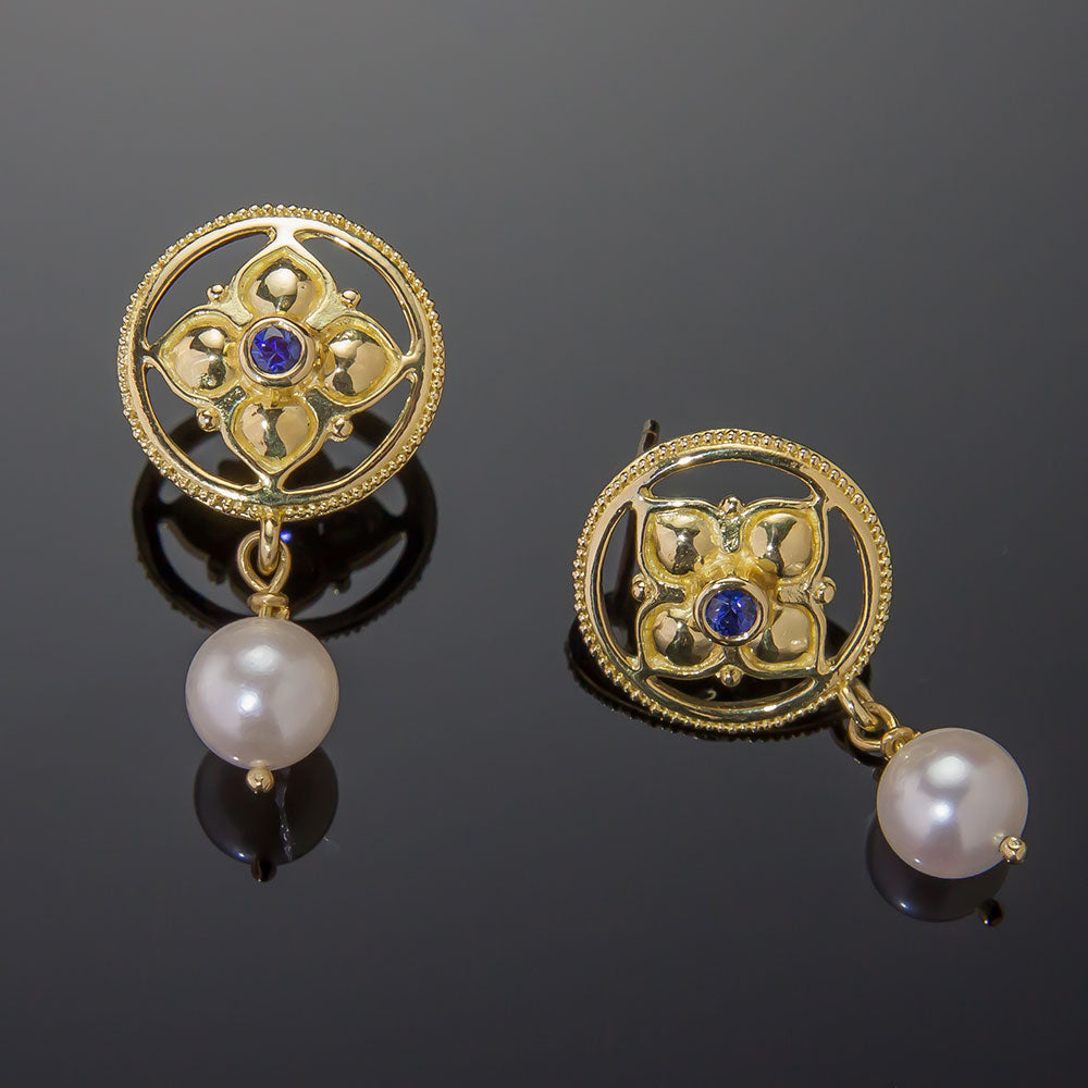 Blue Sapphire & Pearl Gothic Earrings