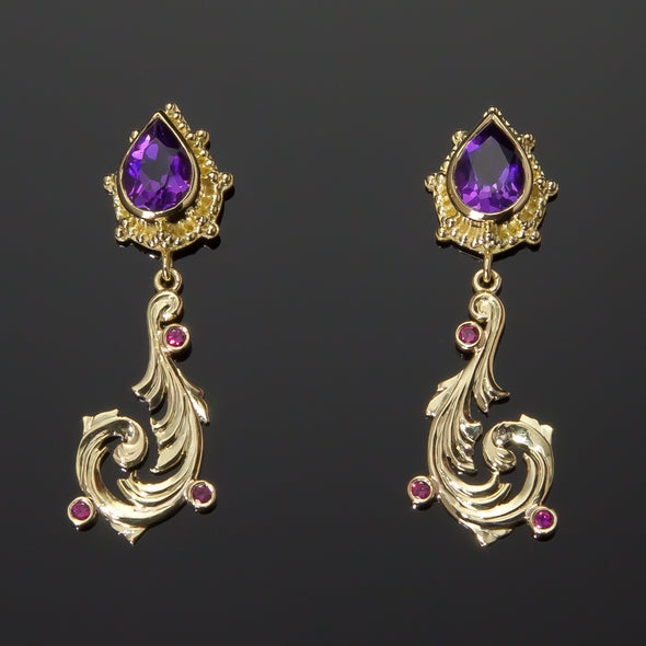 Amethyst and ruby vine earrings in 18K granulated gold