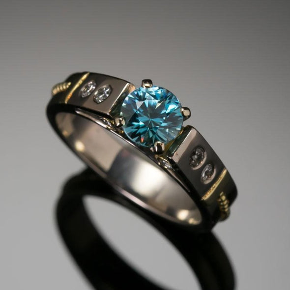 Blue zircon and diamond ring in 18KW gold
