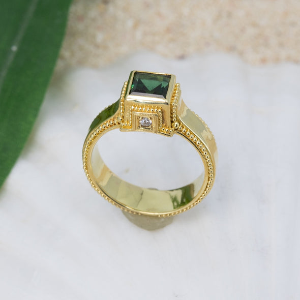 Square Green Tourmaline & Diamond Classical Ring