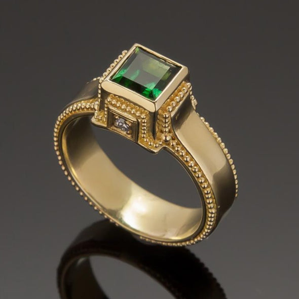 Square Green Tourmaline & Diamond Classical Ring