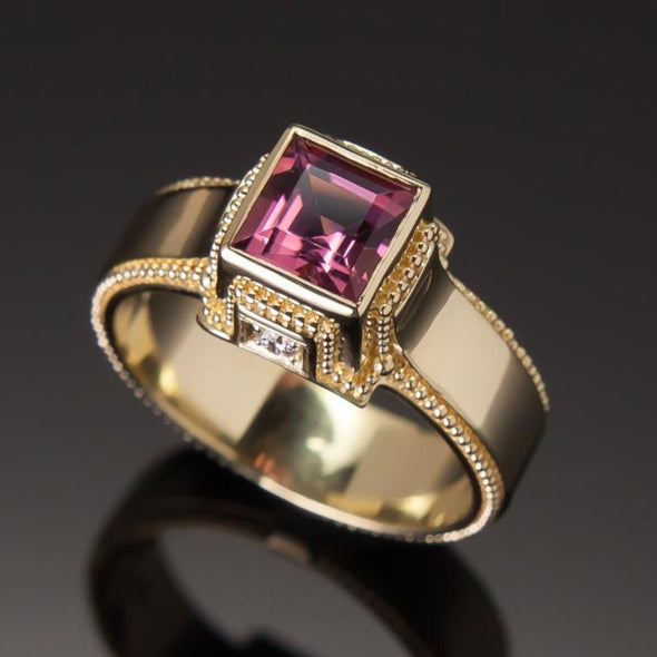 Square Pink Tourmaline & Diamond Classical Ring