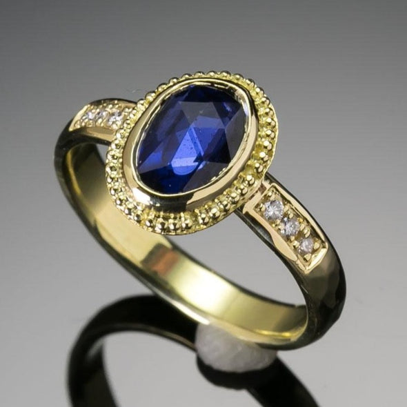 Rose-Cut Blue Sapphire and Diamond Ring
