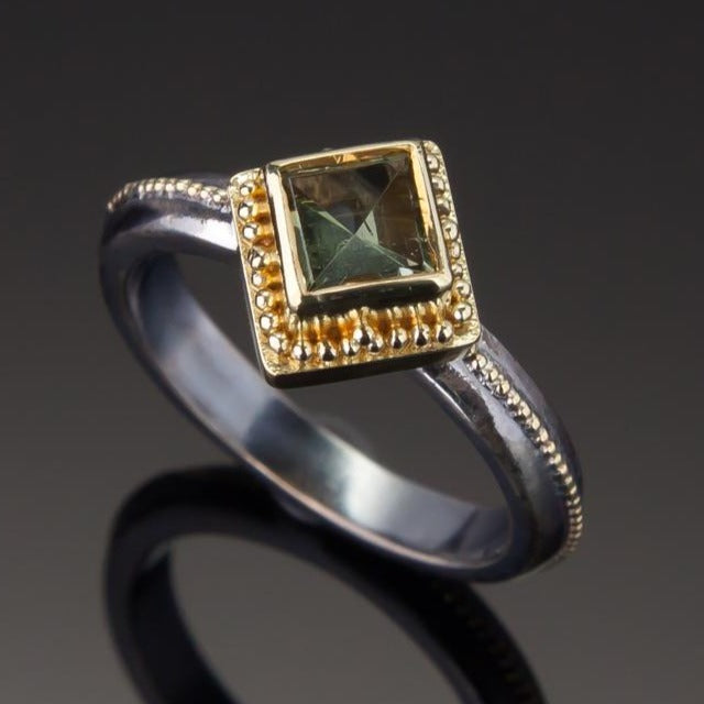 Modern-Cut Green Tourmaline Granulated Marianas Ring