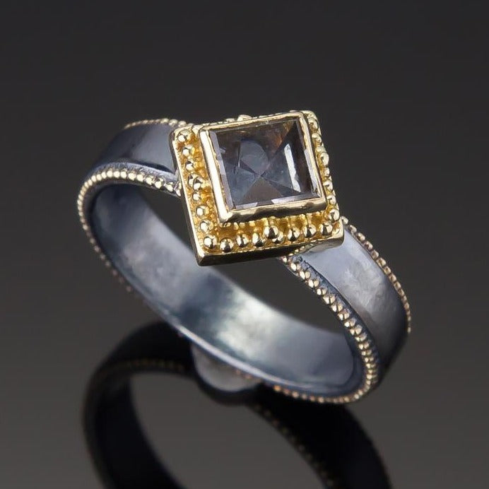 Modern-Cut Grey Tourmaline Granulated Marianas Ring