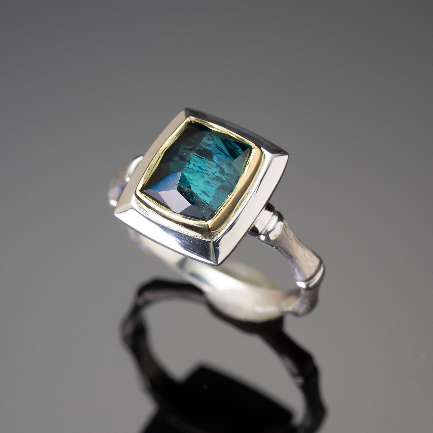 Lagoon Blue tourmaline bamboo ring made with shipwreck treasure