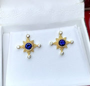 Blue sapphire and diamond earrings in granulated 18K gold