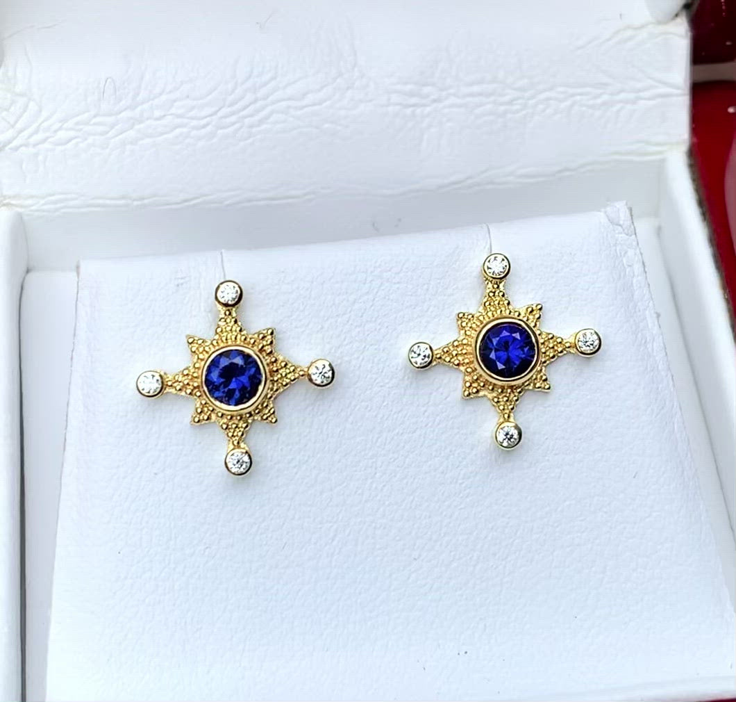 Blue sapphire and diamond earrings in granulated 18K gold