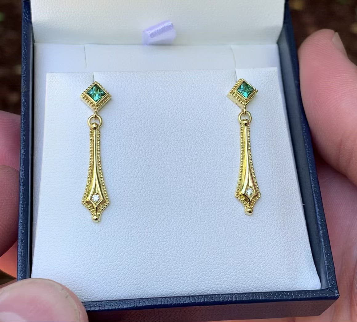 Seafoam Green Tourmaline and diamond earrings in granulated 18K gold