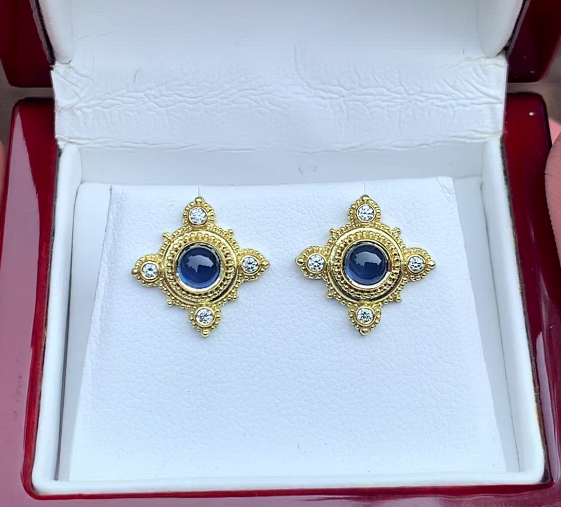 Sapphire cab and diamond earrings in granulated 18K Treasure Gold