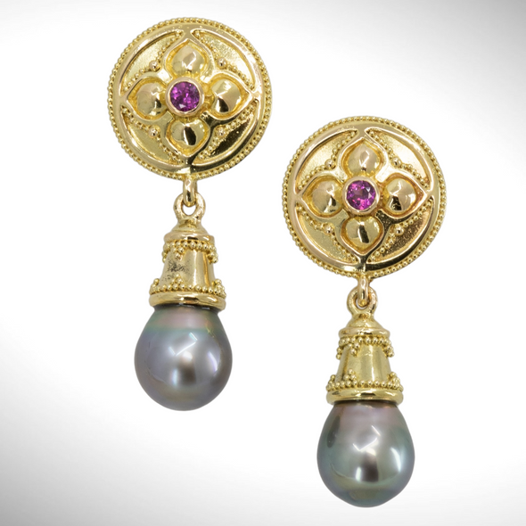 Garnet & Black Pearl Earrings in 18K granulated gold