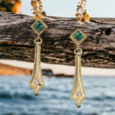 Seafoam Green Tourmaline and diamond earrings in granulated 18K gold