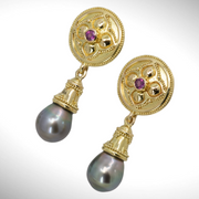 Garnet & Black Pearl Earrings in 18K granulated gold